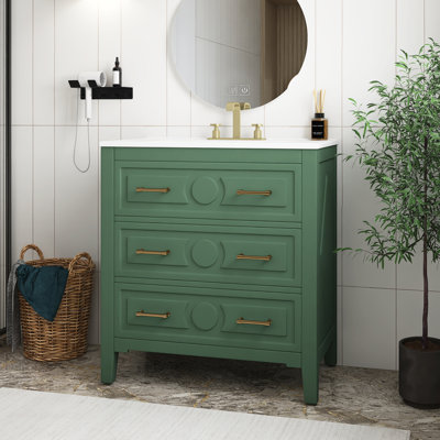 MDF Green Bathroom Vanity With Ceramic Sink Combo, Free Standing Single Vanity Set With 3 Drawers, Solid Wood Frame Bathroom Storage Cabinet