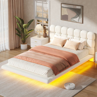 Lit plateforme capitonné avec éclairage DEL, lit suspendu moderne avec tête de lit capitonnée bouclée, sommier à lattes en bois, sans sommier tapissier.