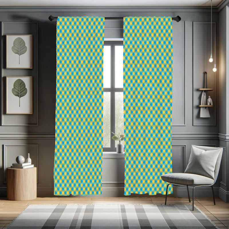 Rideaux géométriques Red Barrel Studio®, guingan bicolore, moutarde et bleu ciel, L 28 po x L 95 po