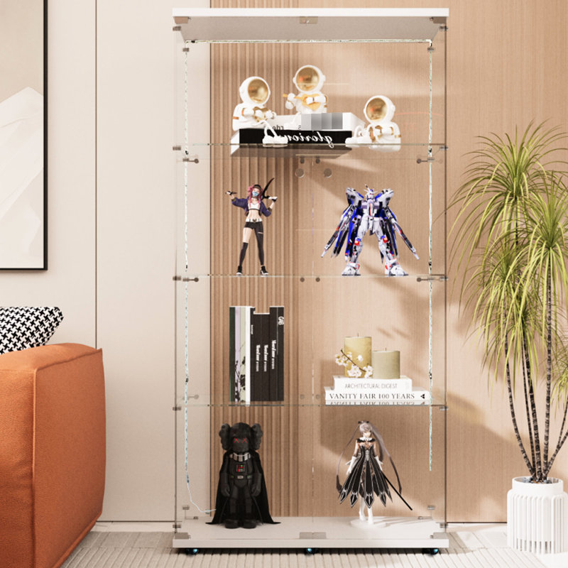 Armoire de rangement en verre trempé blanc avec système intégré - pour chambre à coucher, salon, bureau, couloir, 3 à 4 tablettes, verrouillable et portable