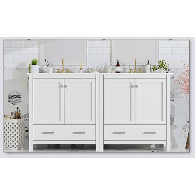 Ensemble de meuble-lavabo blanc 60 po avec lavabos doubles, lavabos en céramique, étagère de rangement et tiroirs divisés pour salle de bain moderne