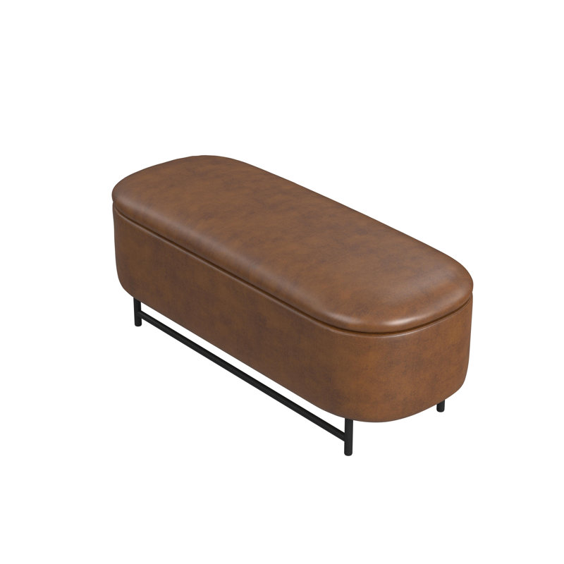 Brown Faux Leather Ellipse Storage Bench with Metal Legs