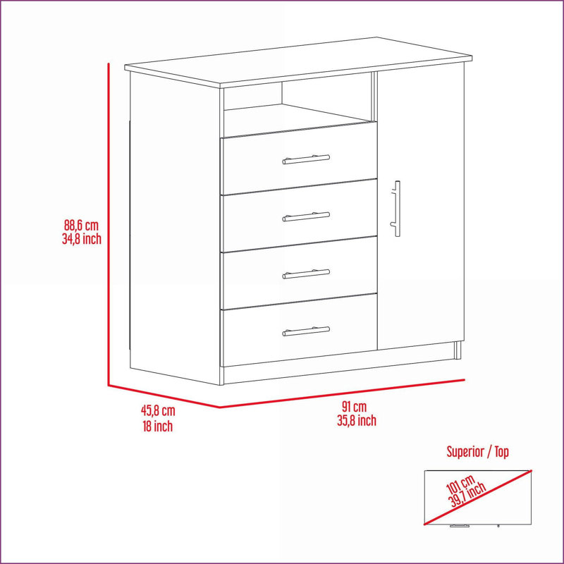Commodes avec 4 tiroirs, armoire haute et amp; Tablette ouverte | Blanc | Panneau de particules, Blanc