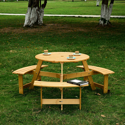 Table de pique-nique d'extérieur pour 6 personnes, 3 bancs encastrés et un trou pour parasol. Bois naturel, intempéries, jardin imperméable, cour arrière, porche avec jardin