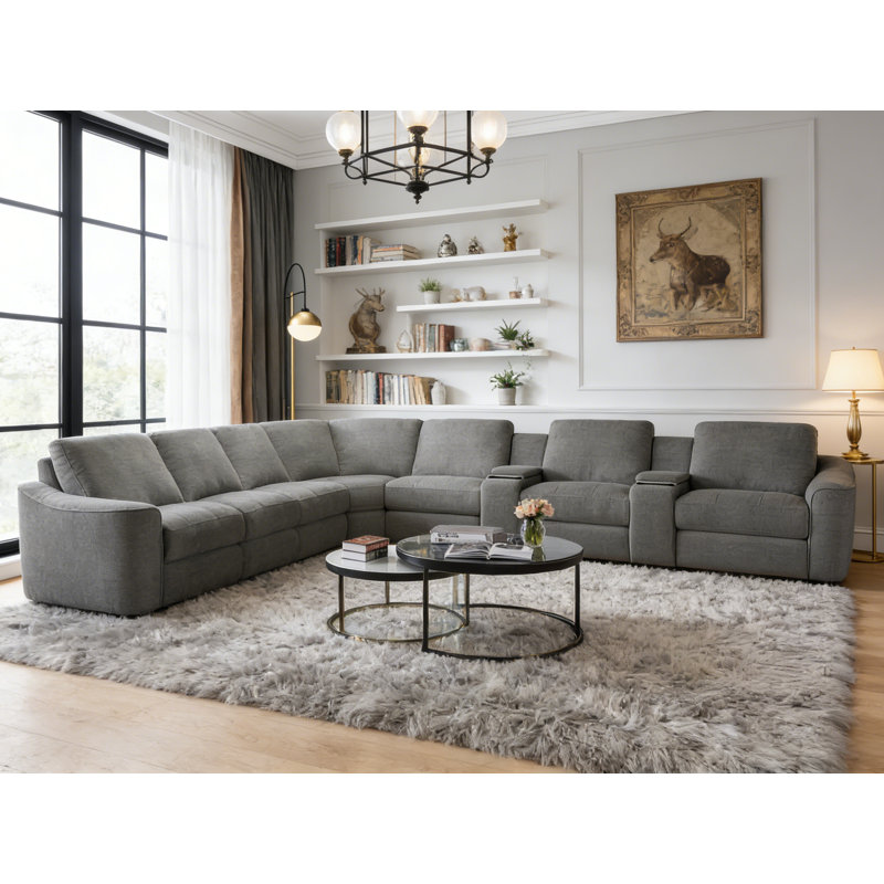 Canapé modulaire inclinable électrique en L avec rangement et charge sans fil, Mélange de polyester gris foncé