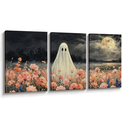 Tableau « Fantôme dans un champ de fleurs », Décoration murale pour salon, Impression giclée sur toile encadrée, 3 pièces - 61 x 91 cm (24 x 36 pouces)