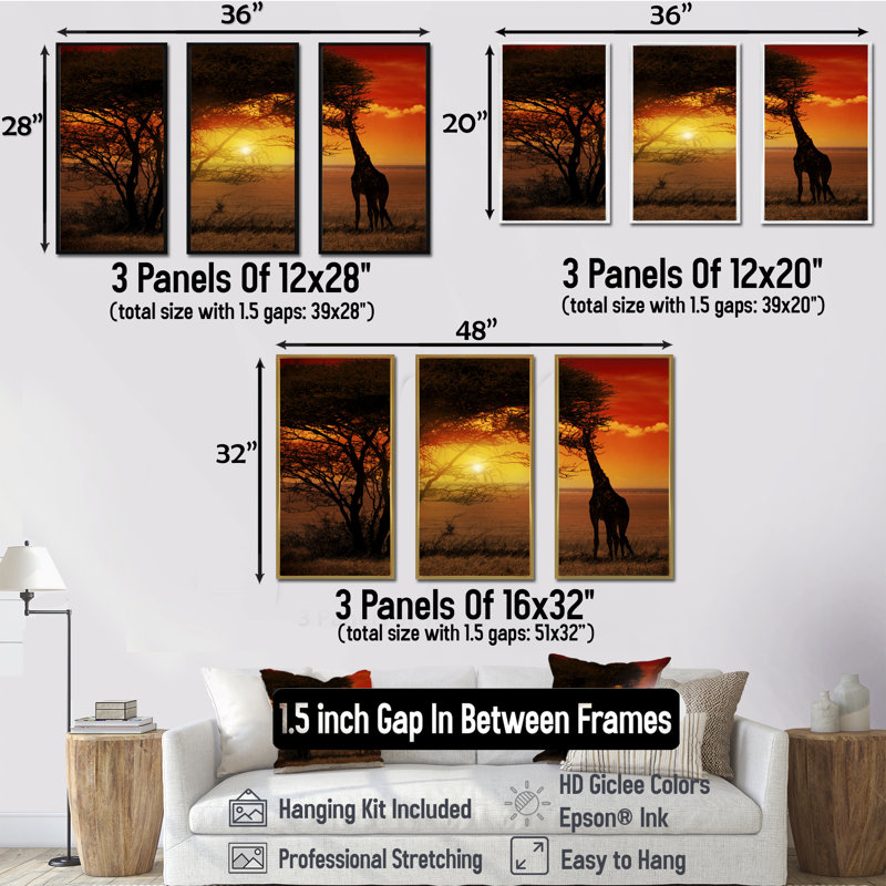 Typique coucher de soleil africain avec girafe - ensemble d'art mural sur toile encadré paysage, H 28 po x l 36 po x P 1 po