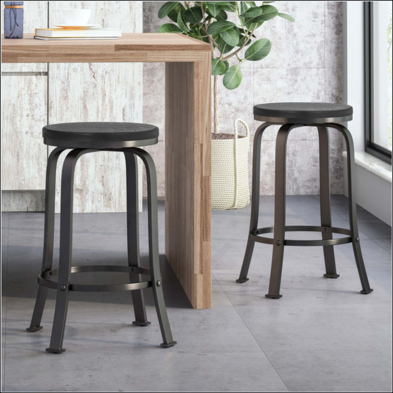 Tabourets de comptoir industriels modernes avec fonction pivotante, sièges en faux bois et cadres en fer durable, 2 pièces / ensemble