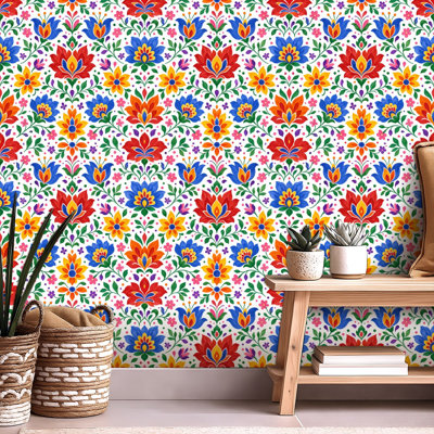 Peel and Stick Wallpaper Contact Paper Seamless Mexican Otomi Style Bright Butterflies flowers Self Adhesive and Removable 24in x 118in(60x300cm)