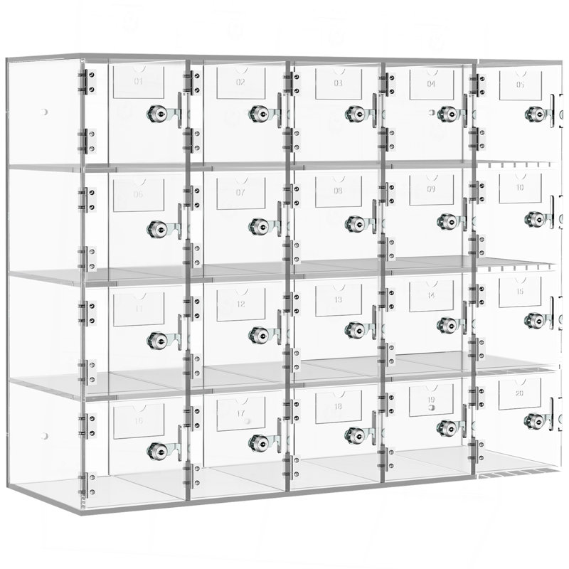 Casier de rangement pour téléphone cellulaire, matériau acrylique à 20 fentes avec serrures de porte et clés, boîte de gym pour salle de classe avec rangement mural, transparent