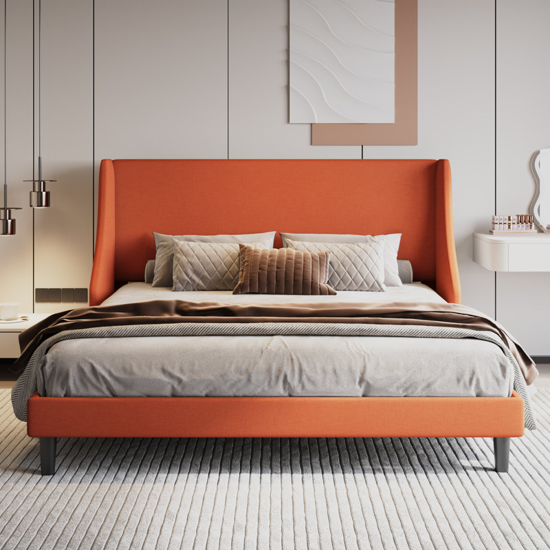 Lit plateforme tapissier Toderick avec aile de luxe et mélange de lin, Très grand, Orange