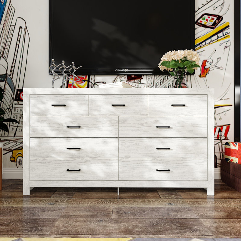 Ferreby TV Stand with 9 Drawers - Wood Finish, Anti-Tip, 2 Colors, White Wood