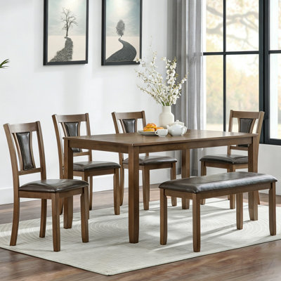 6-Piece Dining Table Set With Bench And Chairs, Wooden Dining Table Set For 6 People, Farmhouse Rustic Style 6 Person Dining Table Set For Dining Room