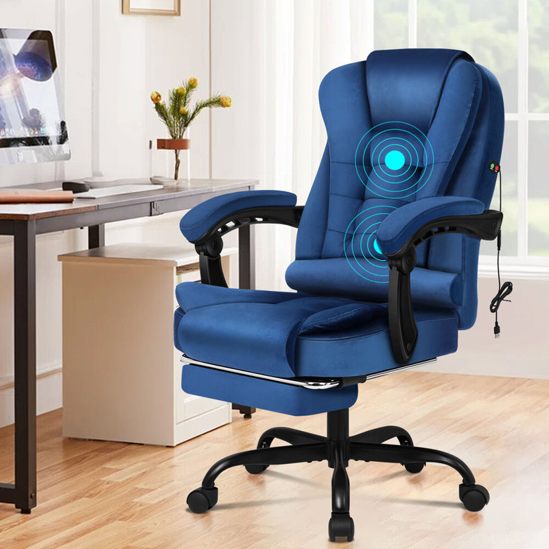  Office Chair Massage Executive Recliner Footrest Swivel Gaming, Blue, Velvet