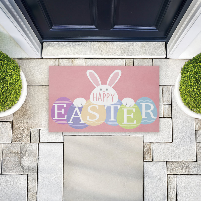 Happy Easter Bright Eggs Printed Outdoor Door Mat, design by Marcus Prime, 18"x30"