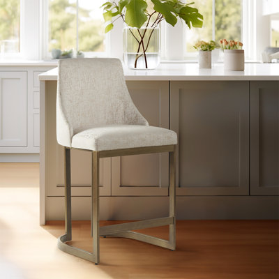 Tabouret de comptoir rembourré de 26 po de hauteur avec base en métal - Élément décoratif de cuisine moderne, accoudoirs courbés et dossier arrondi, rembourrage en mousse à haute densité, finition or antique, patins réglables