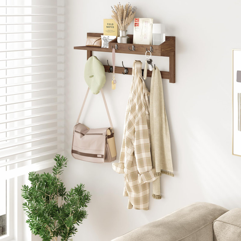 Crochets muraux avec tablette 26,57 pouces Porte d'entrée Porte-manteau mural en bois pour support mural