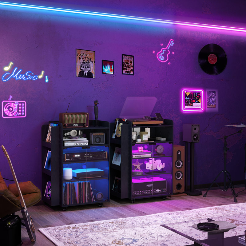 Meuble multimédia avec tablette de rangement pour disques vinyles, porte vitrée, noir
