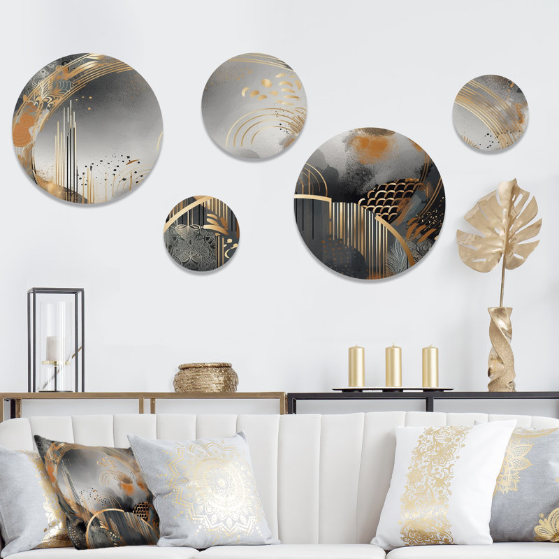 Or et gris, formes modernes, minimalisme IV - ensemble d'art abstrait rond rond de 5