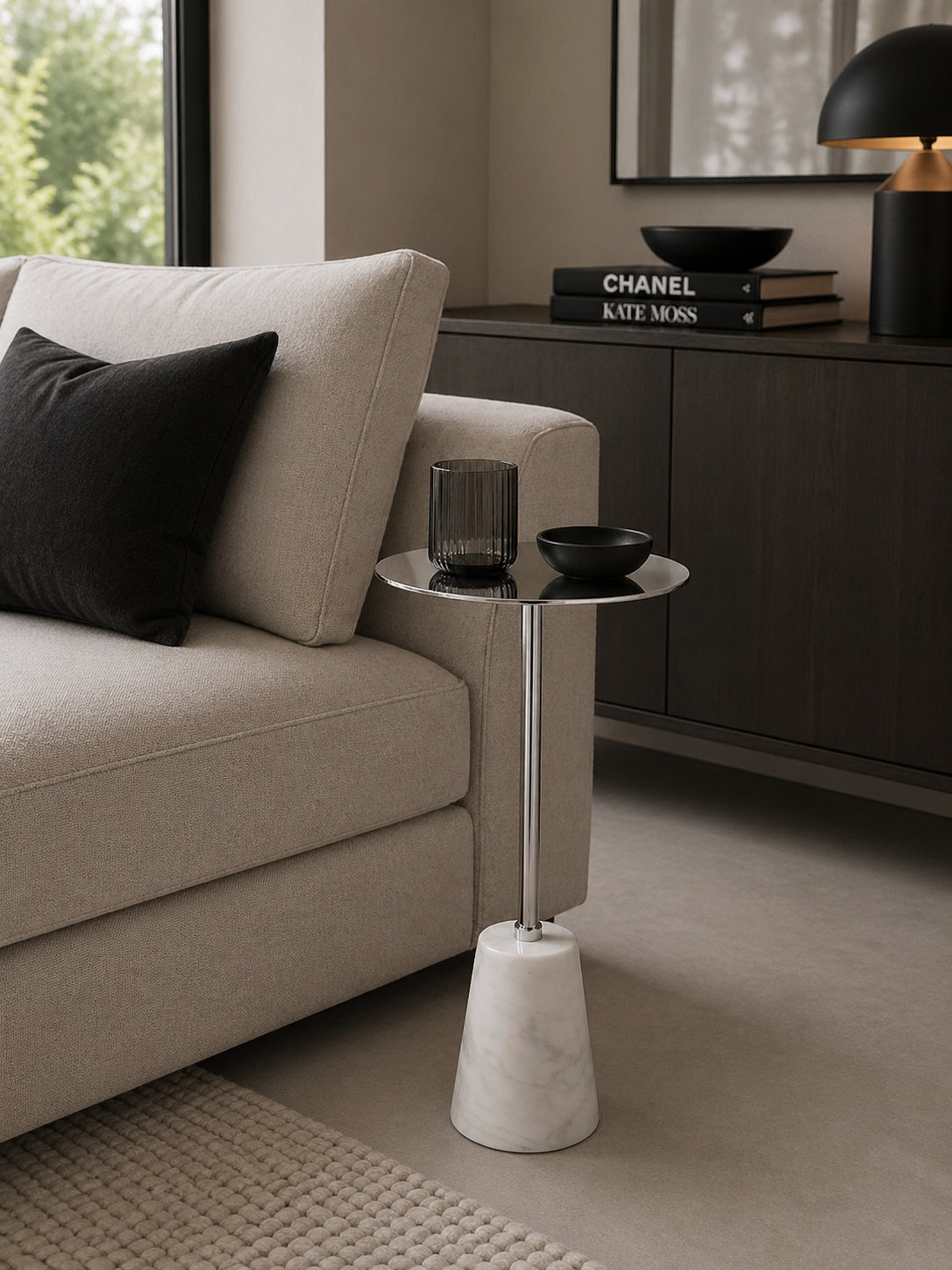 Maisel 8" Genuine Marble End Table, Silver, White