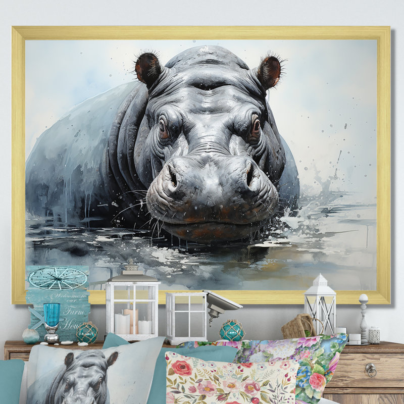 Minimalisme gris hippopotame sur toile, Cadre doré simple, H 34 po x l 44 po x P 1,5 po