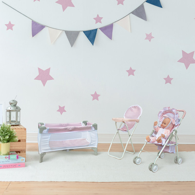  3-in-1 Doll Pushchair Stroller, Doll High Chair and Cot Set