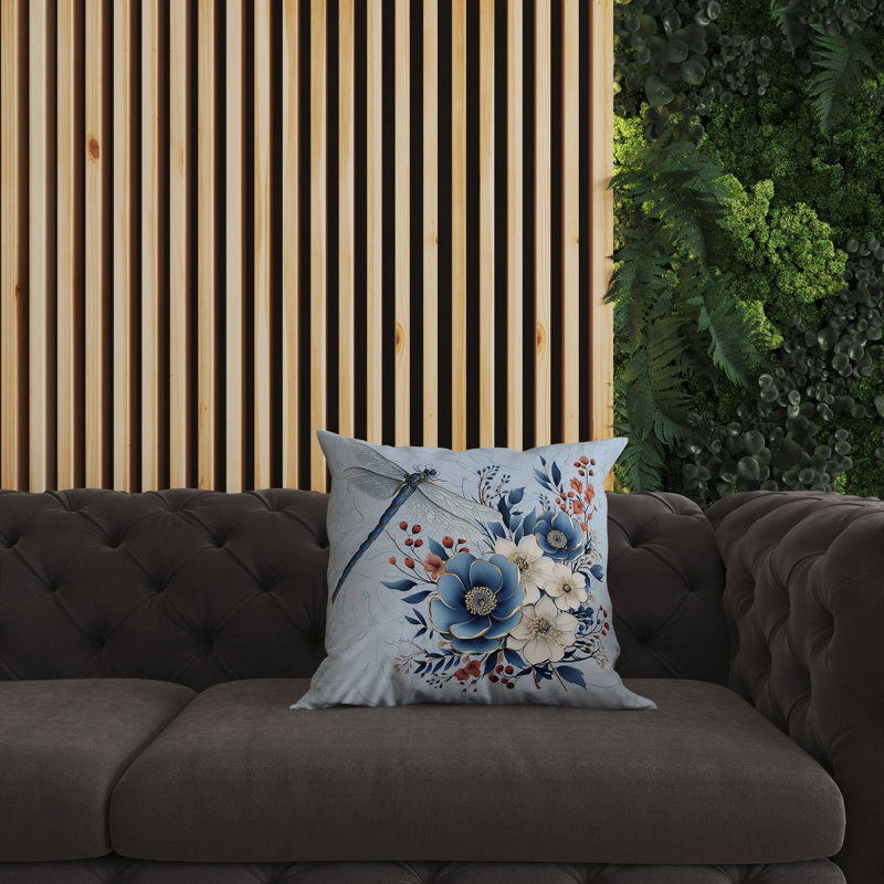 Coussin décoratif intérieur / extérieur Dragonfly Haven, H 16 po x l 16 po, Bleu / orange / crème