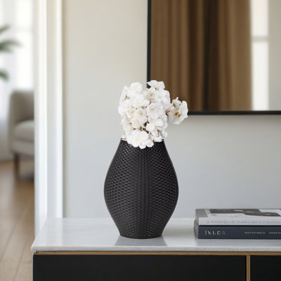 Modern Textured Ceramic Porcelain 3D Print Tall Vase for Coffee Table - Home Decor Table Styling Flower Vase for Kitchen Countertop - Black