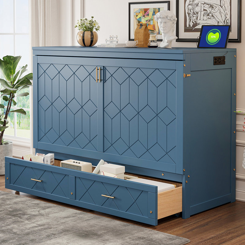 Multifunctional Murphy Bed With Storage Drawer & Charging Ports, Elegant Cabinet Bed For Guest Room Home Office, Navy Blue