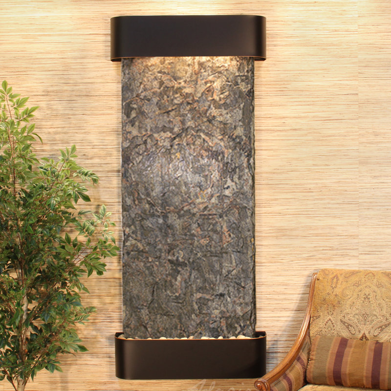 Inspiration Falls Hand Crafted Natural Stone Weather Resistant Waterfall Fountain with Light, Blackened Copper, Green Slate