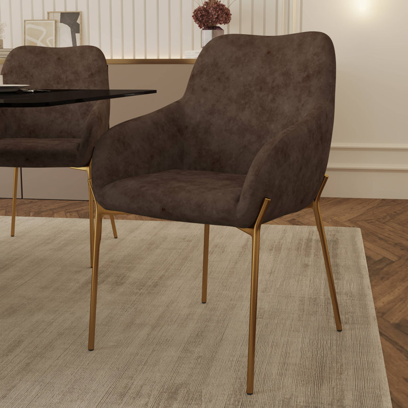 Kobinski Upholstered Dining Chair In Velvet/Leather/Boucle With Gold Chrome Iron, Brown