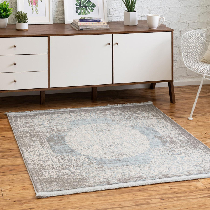 Teadora Gray/Light Blue/Ivory Area Rug, Square 5'3"