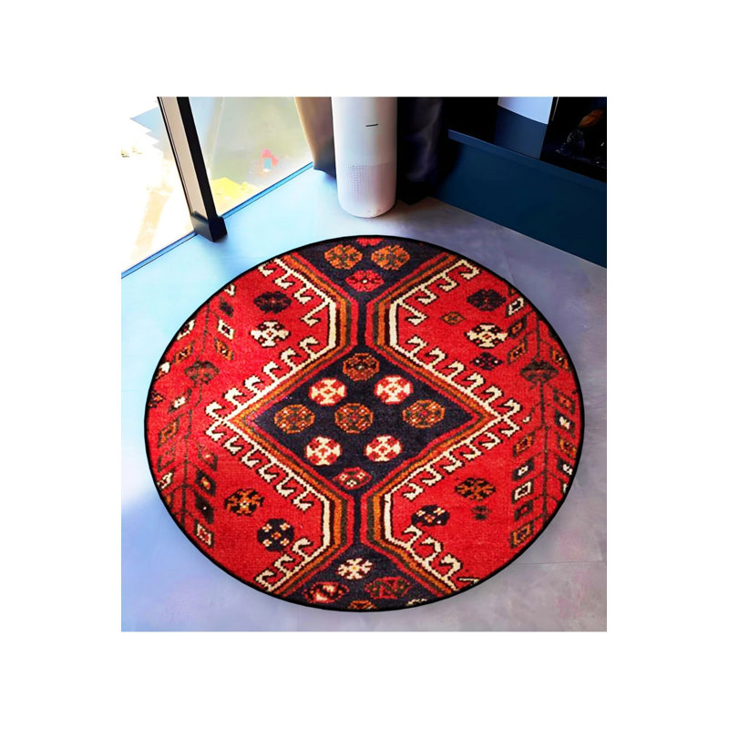 Black And Red Themed Traditional Motif Patterned Round Woven Base Vintage Decorative Carpet, Round 3'4"