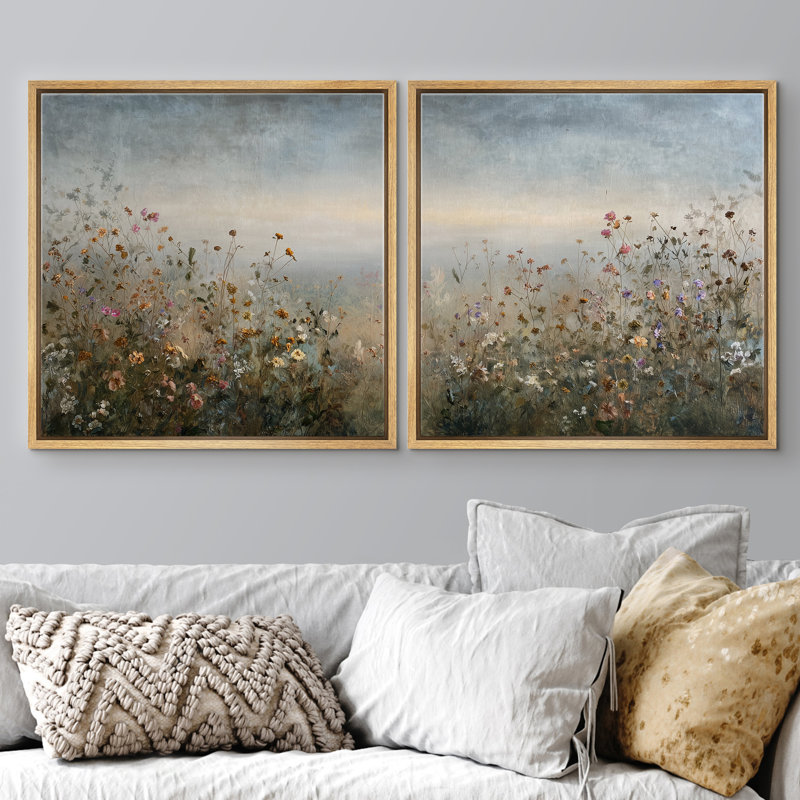Soft Horizon Wildflower Field Landscape Floral Wall Decor Framed Master Bedroom Wall Art Work 2 Pieces Print, 16" H x 16" W