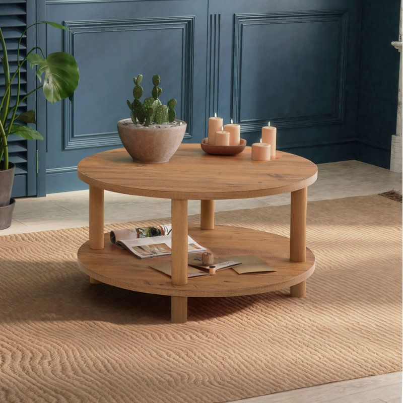 Modern Coffee Table, Atlantic Pine Color, 27.6 in Diameter x 17.2 in Height | 100% Melamine Coated Particle Board, 1 in Thickness | 100% Hornbeam Legs, No Tools Required | Rustic & Elegant Design for Living Rooms