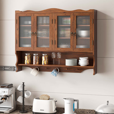 Armoire murale 39,37 "à 4 portes en verre avec deux couches et 1 support à crochets ouverts, convient aux salles de bain, cuisines et salles à manger