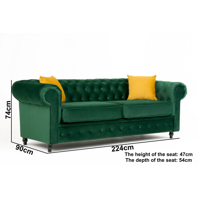Frances 3 Seater Chesterfield Sofa Velvet, Forest Green, 74cm H x 194cm W x 90cm D