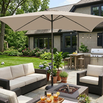 6.5 Ft x 10 Ft Rectangular Patio Umbrella with Crank Lift and Push-Button Tilt, Outdoor Market Umbrella for Deck, Garden, Pool, and Yard, Beige