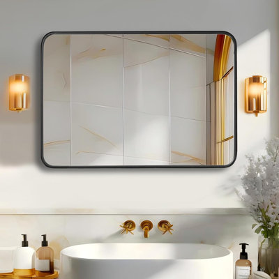 Black Metal Framed Vanity Rounded Rectangle Bathroom Mirrors For Over Sink Wall, Matte Large Mirror, Modern Decorative