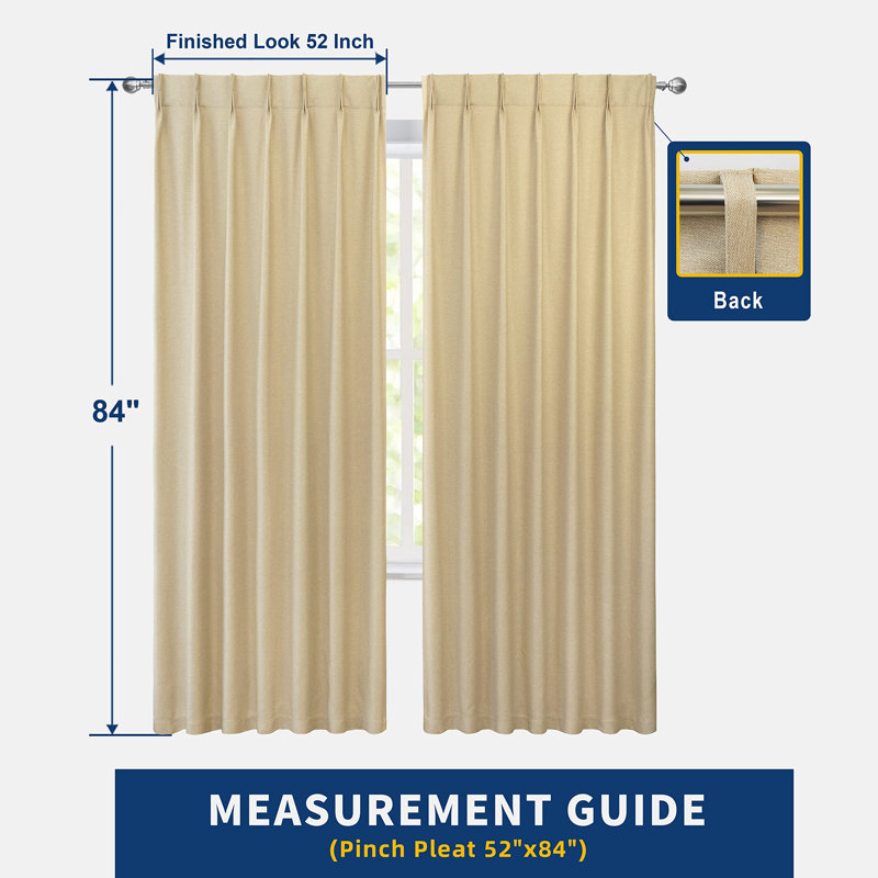 Kassia Pinch Pleated Faux Linen Textured Blackout Thermal Insulated Curtains, Beige, 30" W x 84" L