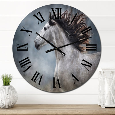 Portrait d'un cheval blanc au galop II - Horloge murale traditionnelle