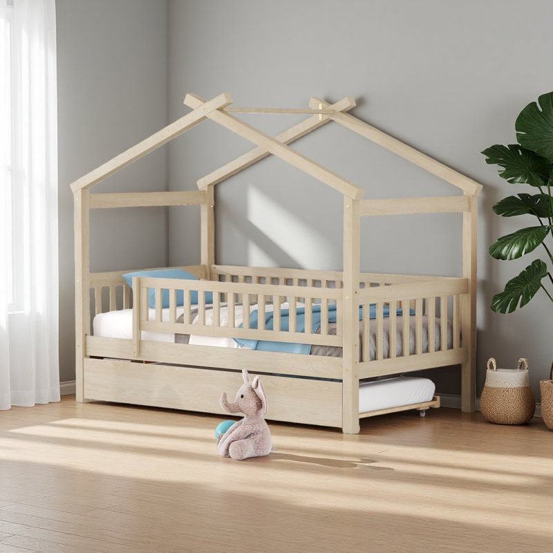 Wooden House Bed With Twin Size Trundle, Natural, Twin