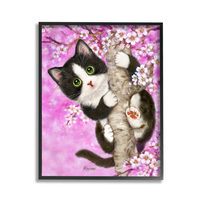 «Kitten & Cherry Blossoms», art de la giclée encadrée par Kayomi Harai