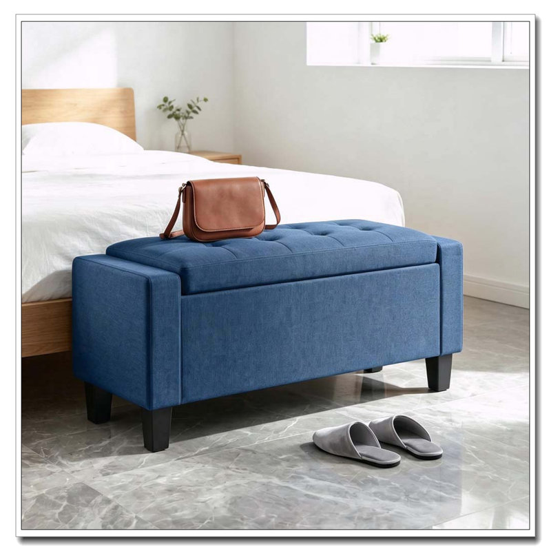 Banc repose-pieds capitonné avec pieds en bois, Bleu, Bleu