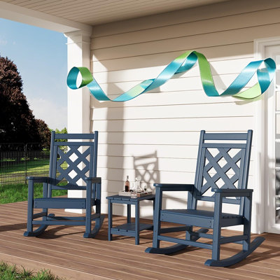 Oversized Rocking Chair Outdoor Set of 2 with Side Table,HDPE Adirondack Rocking Chair with Wood Texture - 380Lbs & Weather Resistant for Deck, Patio, by Lark Manor