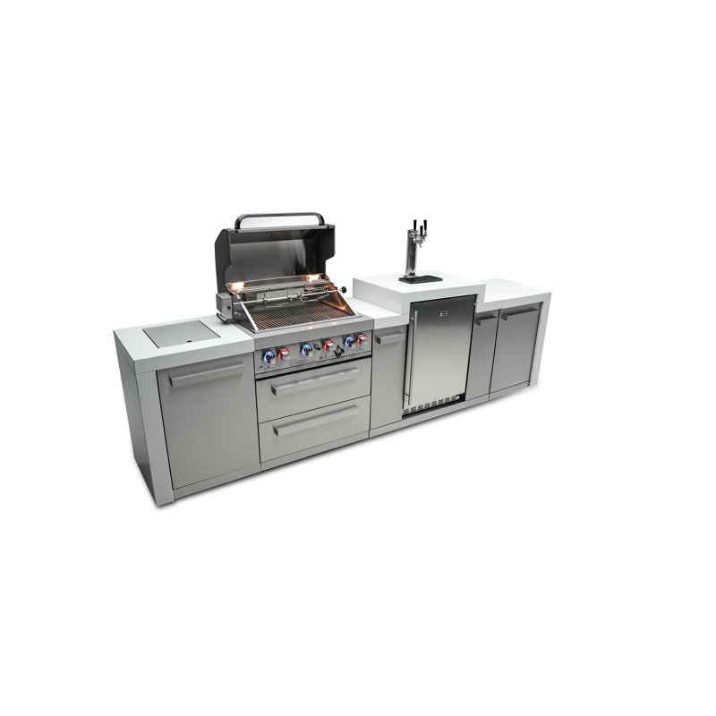 Mont Alpi 130"w Stainless Steel Deluxe Modular Outdoor Kitchen Island With 3 Tap Kegerator Refrigerator Beer Dispenser + 32"w 4-burner Bbq Grill + Side Burner + Granite Countertops + Storage Cabinets + Cover + Natural Gas Convertible + Lifetime Warranty
