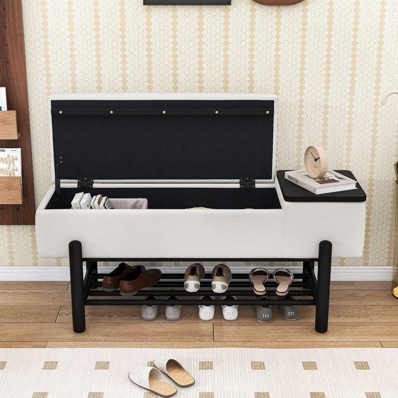 Banc de rangement rembourré avec tablette inférieure, Noir