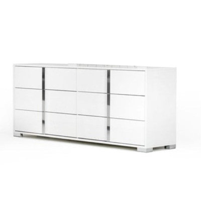 Grande commode Suni, bois blanc brillant avec finition UV, 6 tiroirs