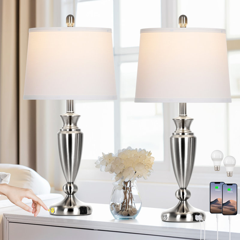 Kensler 27-inch Dimmable Metal Table Lamps with Touch Control & USB Ports (Bulbs Included), Silver