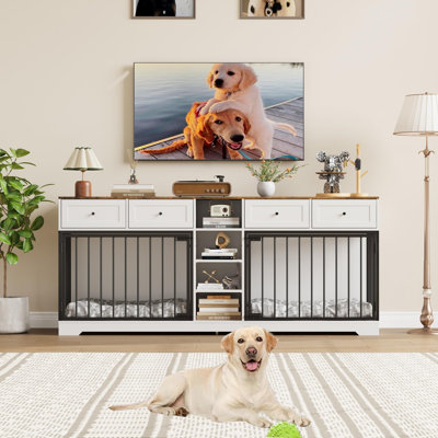 Double Dog Crate Furniture, Heavy Duty Wooden Pet Kennel with Drawers & Adjustable Shelves, Multi-Function Indoor TV Stand Cabinet for Medium Large Dogs, Living Room Bedroom Decor